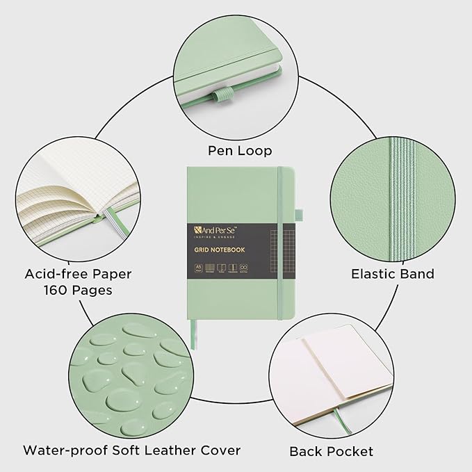 &And Per Se Graph Journal Notebook, 160 Pages, A5 5.7 x 8 inches 100 gsm Thick Paper Notebook Journals for Writing, Grid Hardcover Notebook(1 Pack, Light Green)