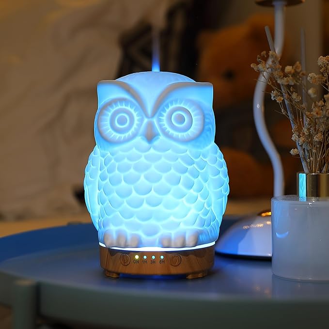 Owl Ceramic Aromatherapy Diffuser INRORANS 160ml Stone ultrasonic Cool Mist Scent Essential Oil Diffuser Humidifier with Intermittent Mist & LED 7 Colors Changing Night Light for Bedroom Office Home - Bloomnest