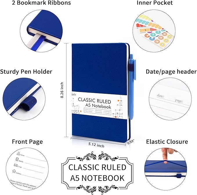 12 Pack Notebooks Journals Bulk with 12 Black Pens, Feela A5 Hardcover Notebook Classic Ruled Journal Set with Pen Holder for School Business Work Travel Writing, 120 GSM, 5.1”x8.3”, Navy - Bloomnest
