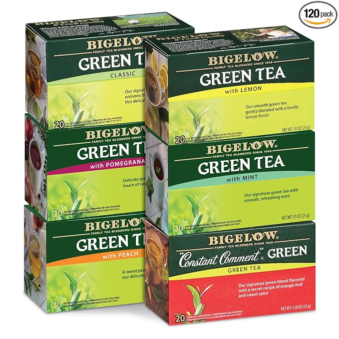 Bigelow Tea Green Tea Variety Pack, Classic Green Tea, Lemon, Pomegranate, Mint, Peach and Constant Comment Flavors, 20 Count Box (Pack of 6), 120 Total Tea Bags - Bloomnest