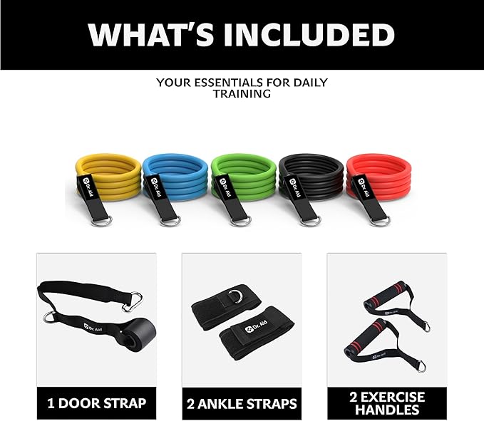 Dr. Aid Resistance Bands Set – 5 Stackable Workout Bands with Handles, Pure Latex, High Elasticity & Tear Resistant – Smell-Free Full-Body Exercise Bands for Rehab, Basic Training & Strength Workouts - Bloomnest