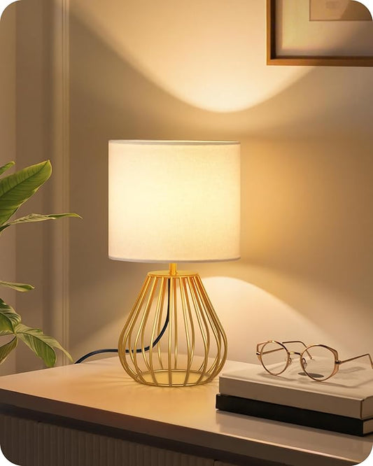 Gold Table Lamp, Small Gold Bedside Lamp with Metal Base & White Linen Lampshade, Modern Nightstand Lamp, Little Cute Desk Lamp for Bedroom, Living Room, 2700K LED Bulb Included, DCW06TL05 - Bloomnest