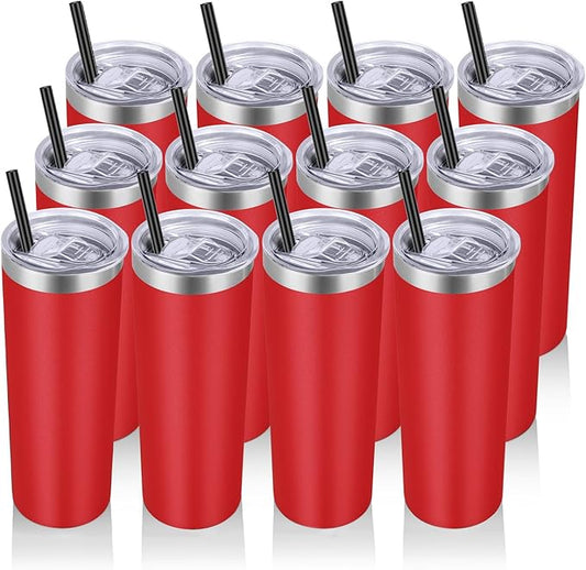VEGOND 20 oz Stainless Steel Skinny Tumbler with Lids and Straws, 20oz Vacuum Insulated Slim Tumbler Cup, Double Wall Travel Tumblers Bulk for Cold Hot Drinks, Red 12 Pack - Bloomnest