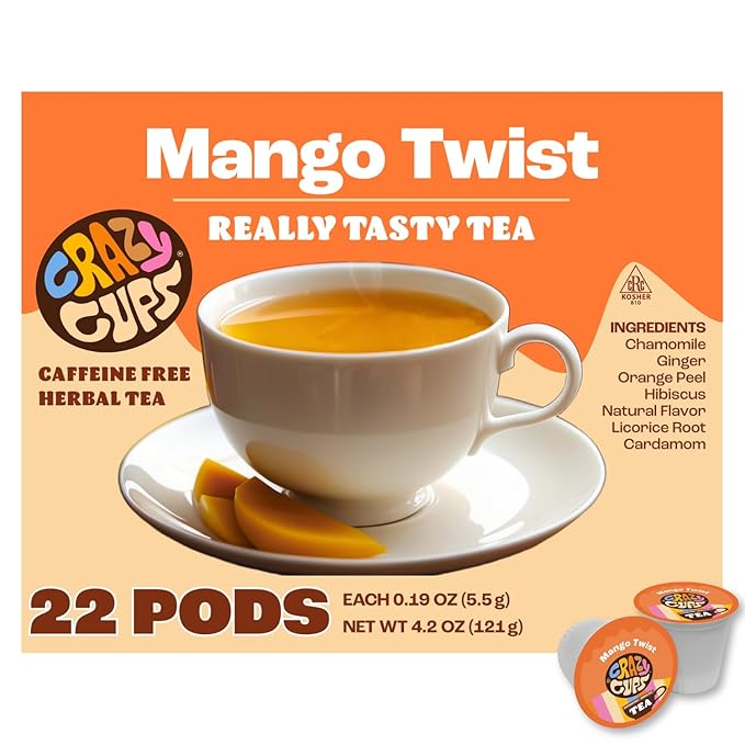 Crazy Cups Mango Twist Herbal Tea Pods, 22 Count | Caffeine Free, Kosher Certified, Fruity Tropical Chamomile Blend with Ginger & Hibiscus, K Cup Compatible, Vegan, Gluten Free Herbal Tea - Bloomnest