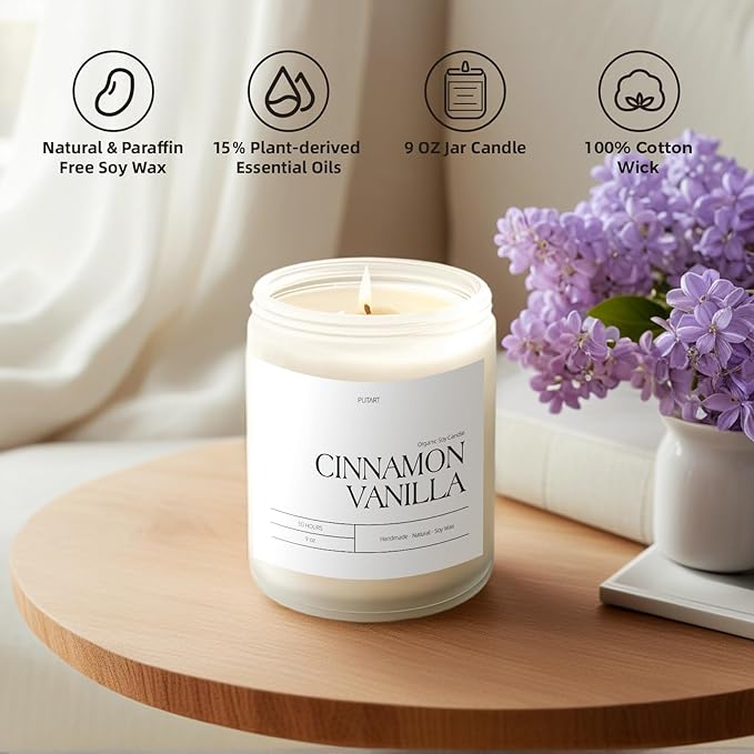 Cinnamon Vanilla Candles for Home Scented, Natural Soy Wax Aromatherapy Non Toxic Heavy Scented Candle with Essential Oil, Home Fragrance Stress Relief Jar Candles Gifts for Women & Men 9oz - Bloomnest
