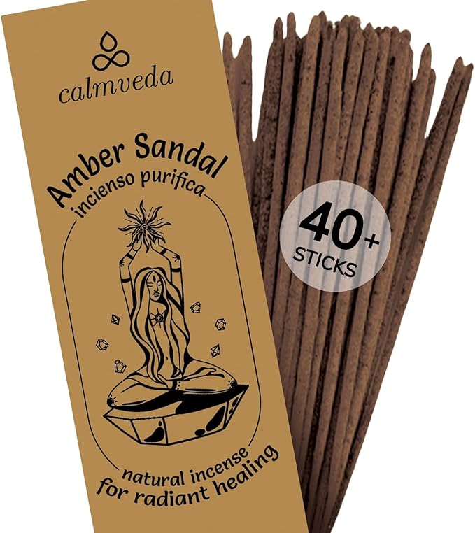 Sandalwood Amber Incense Sticks Resin - (40+ Sticks, 9 Inch) Thick Natural Amber Incense Sticks Made from Resins, Clean Charcoal Free | Warm Resinous - Sweet Aroma to Balance Energy & Cleanse Home - Bloomnest