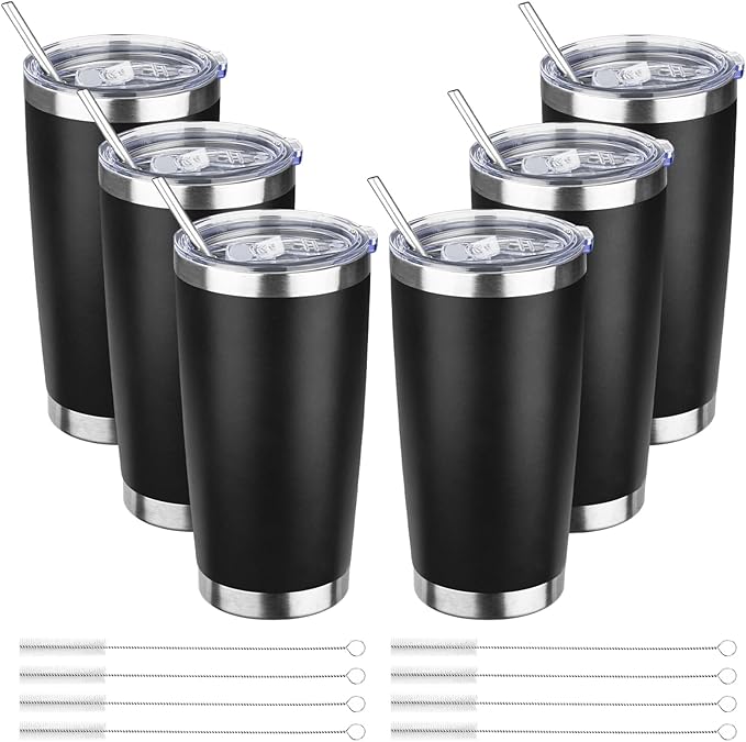 20oz Tumbler Bulk with Lid and Straw, Stainless Steel Double Wall Vacuum Insulated Travel Mug, Powder Coated Coffee Cups for Hot and Cold Drinks,Funny Gifts for Women Men(Black,6) - Bloomnest