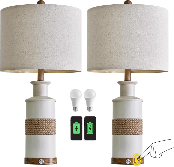 BOBOMOMO 24.5" USB A+C 3-Way Dimmable Touch Control Boho Table Lamp Set of 2 for Living Room Nightstand Beside Lamps for Bedroom(Include Two Bulbs) - Bloomnest