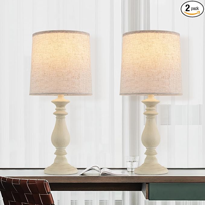 Lamps Set of 2 Vintage Rustic Farmhouse Table Lamps Bedside Reading Lamp Bedroom Nightstand Living Room Teapoy Lamp, Desk Light, 22 Inch High, White Wash, with Fabric Shade, Bulb Not Included - Bloomnest