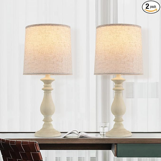Lamps Set of 2 Vintage Rustic Farmhouse Table Lamps Bedside Reading Lamp Bedroom Nightstand Living Room Teapoy Lamp, Desk Light, 22 Inch High, White Wash, with Fabric Shade, Bulb Not Included - Bloomnest