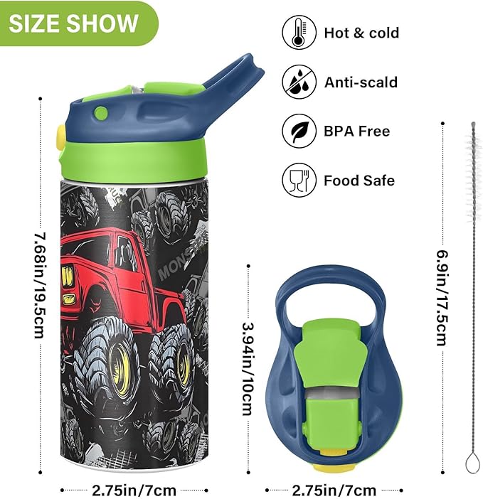 Monster Truck Red Kids Water Bottle with Straw Lid Insulated Tumbler with Handle Stainless Steel Reusable Toddlers Cup for Kids Boys 12 oz - Bloomnest