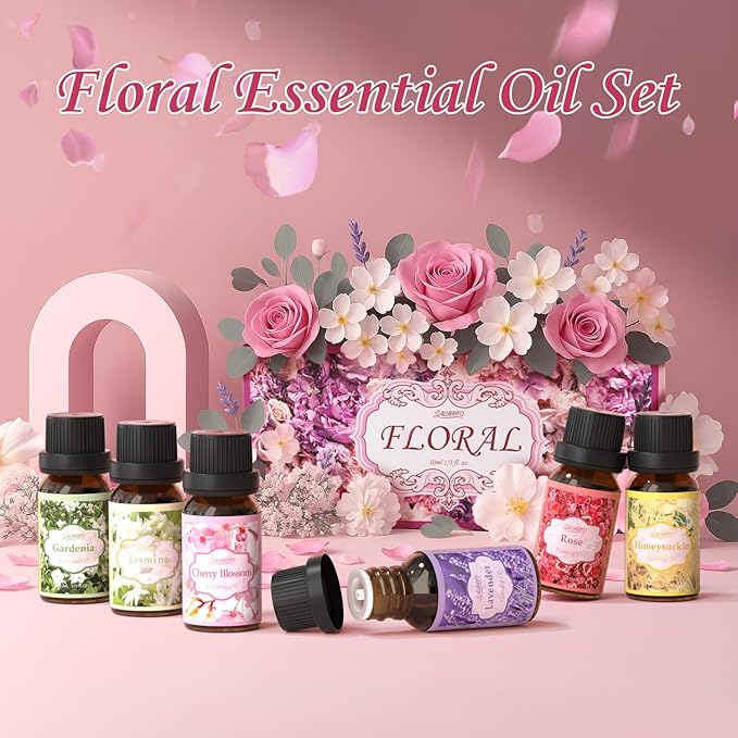 SALUBRITO Floral Fragrance Oils Set, Essential Oils for Diffuser & Candle Making Scents, 6x10ml Aromatherapy Oils Gift Set - Jasmine, Lavender, Rose, Gardenia, Cherry Blossom, Honeysuckle Oil - Bloomnest