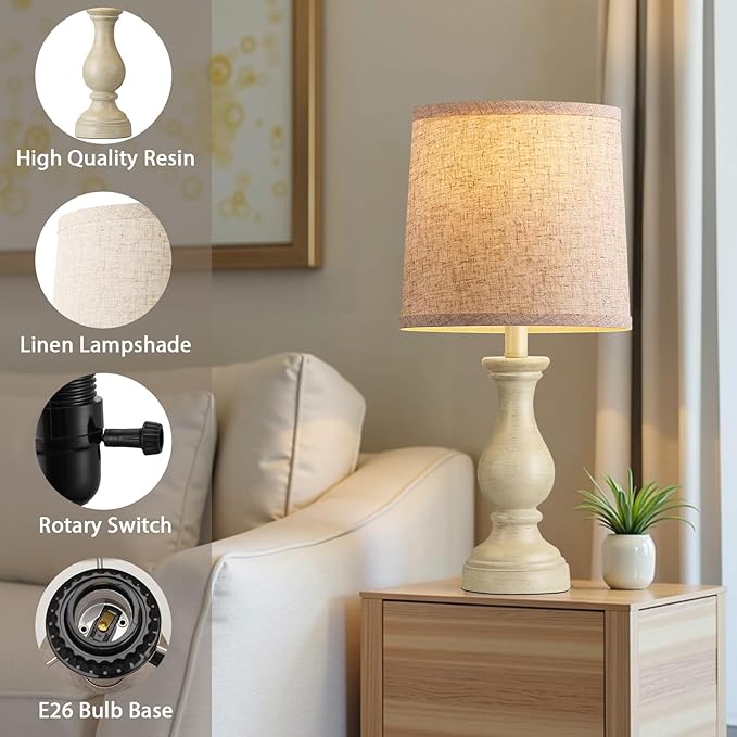 Seealle Farmhouse Table Lamps Set of 2 - Rustic Lamp for Bedroom Living Room, 22" Boho Bedside Lamps for Night Stands End Table Office Desk Lamp Nightstand Clearance with Linen Shades(Antique White) - Bloomnest