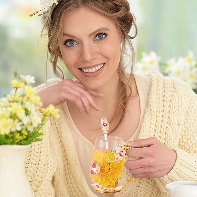 Flower Tea Cup,Clear Glass Fancy Coffee Mug with Spoon,Gift Box for Her Mom Wife Grandma Girls Friends Valentines Christmas Birthday Present Idea for Juice Milk Hot And Cold Drinks Use - Bloomnest