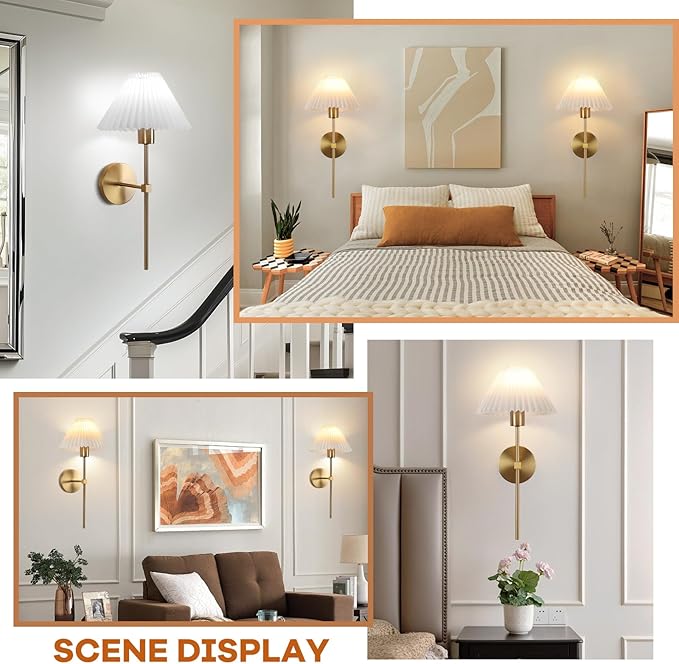 Wireless Wall Sconce Sets of 2, Pleated Shades Rechargeable Battery Operated Wall Sconce, Retro Industrial Gold Wall Lights Bathroom Vanity Sconces, Wall Mounted Lamps for Bedroom Living Room Kitchen - Bloomnest