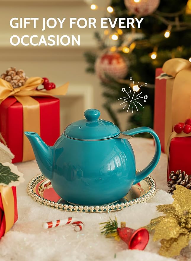 Sweese Teapot, Porcelain Tea Pot with Stainless Steel Infuser, Blooming & Loose Leaf Teapot - 27ounce, Steel Blue - Bloomnest