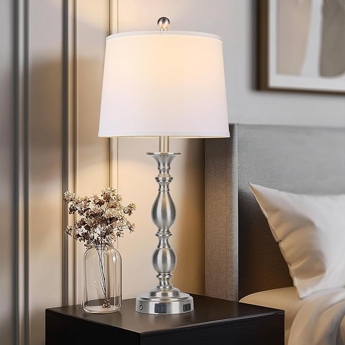 28" Tall Modern Table Lamps Set of 2 with USB A+C Ports and AC Outlet, 3 Way Touch Metal Bedside Lamps for Bedroom, Silver Farmhouse Nightstand Lamps for Living Room - Bloomnest