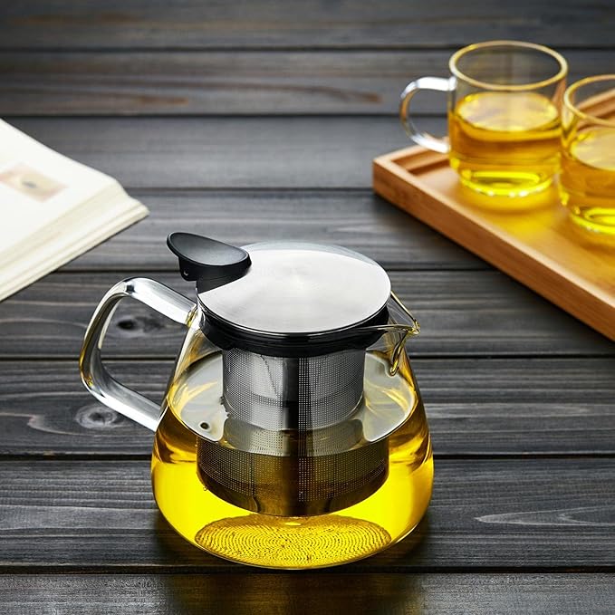 Glass Teapot Tea Pot with Removable Stainless Steel Infuser, 25oz / 760ml Borosilicate Glass Tea Kettle for Office Work, Fine Strainer for Loose Leaf Tea - Bloomnest