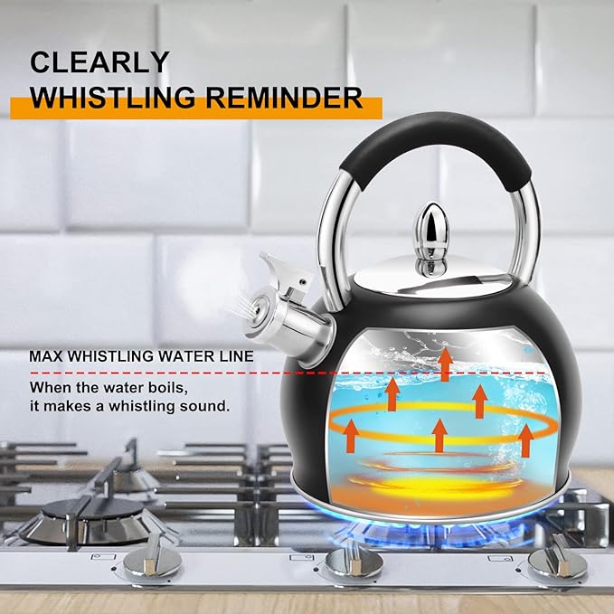 Whistling Tea Kettle for Stove Top Stainless Steel Tea Pot with Ergonomic Silicone Handle Teapot for Stovetop 3.2 Quart / 3 Liter Black - Bloomnest