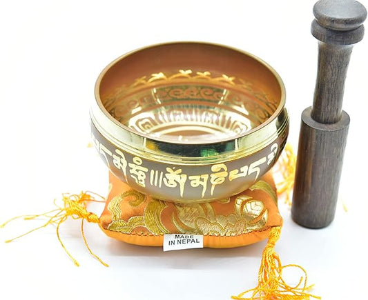 3.75" Tibetan Meditation Yoga Singing Bowl Green Set with free Wooden Mallet and Silk Cushion from Nepal, Singing bowls. (Orange) - Bloomnest
