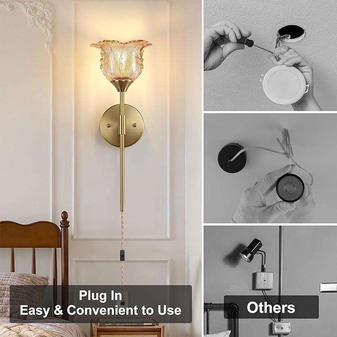Plug in Gold Wall Sconce Set of 2 with Amber Glass Shades, Modern Mid Century Bathroom Vanity, Wall Light Fixtures, Brushed Brass Wall Lamp, for Bedroom Mirror Living Room, ETL Listed - Bloomnest