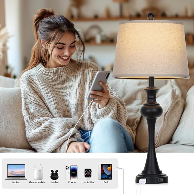 28.75'' Modern Black Metal Table Lamps Living Room Lamp for Nightstand Bedside End Lamp Home Decor Touch Lamp Modern Lamps with USB A+C Ports & Outlets （Bulb Included） - Bloomnest