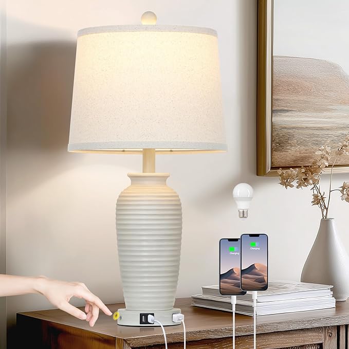 25" Vintage Farmhouse Jar Table Lamps, Single Rustic Bedside Lamp with USB A+C Ports & AC Outlet, Nightstand Lamps for Living Room, Bedroom, End Table, Cream(LED Bulb Included) - Bloomnest