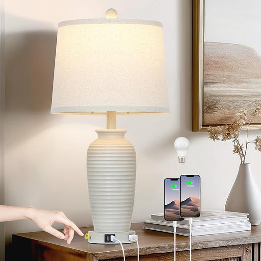 25" Vintage Farmhouse Jar Table Lamps, Single Rustic Bedside Lamp with USB A+C Ports & AC Outlet, Nightstand Lamps for Living Room, Bedroom, End Table, Cream(LED Bulb Included) - Bloomnest
