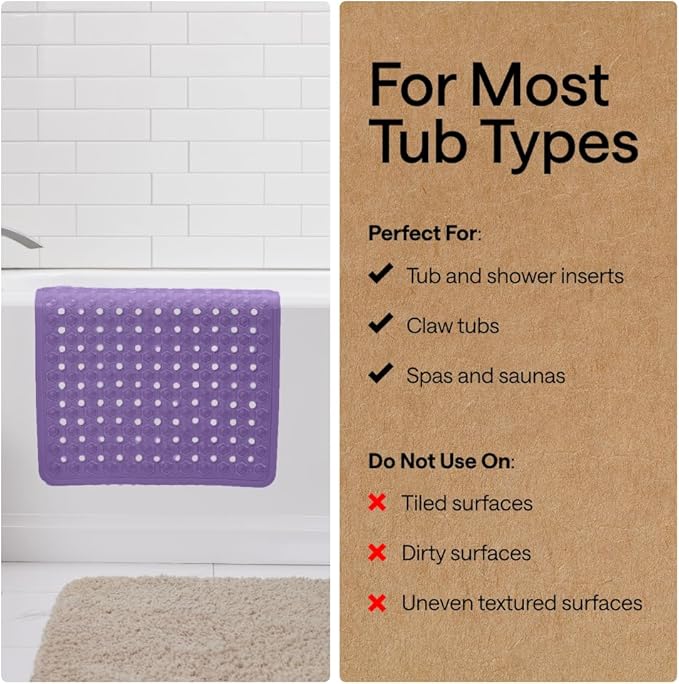 GORILLA GRIP Patented Bath Tub Shower Mat, Machine Washable Bathtub Floor Liner Mats, Suction Cups and Drain Holes to Keep Tubs Clean, Soft on Feet, Bathroom Essentials, 35x16 Inch, Purple Opaque - Bloomnest