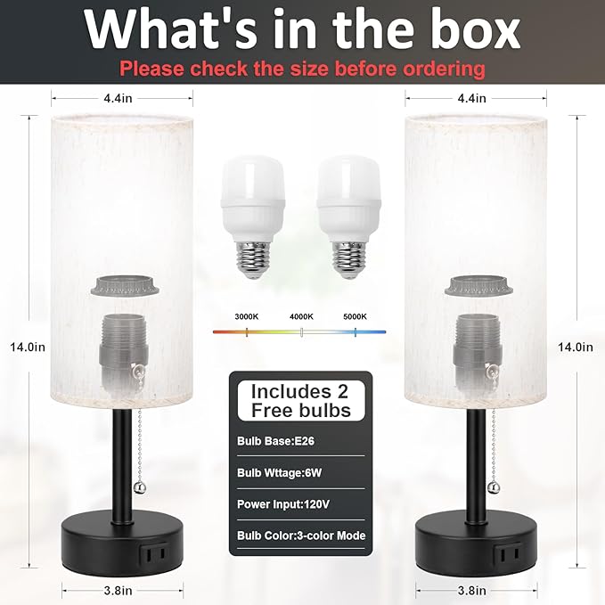 Fenmzee Bedside Table Lamps Set of 2-3 Color Temperatures Pull Chain Lamp with AC Outlet Charging Port, Small Round Night Stand Lamps for Bedroom Guest Room Office, Bed Side Light with E26 LED Bulbs - Bloomnest
