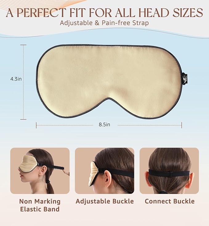 HiRui Silk Sleep Mask, 100% Natural Mulberry Silk of Double-Sided & Inner-Filling, Ultra-Smooth Soft, Adjustable Strap, Blocks Light for Night Sleeping, Travel, Office Naps (Champagne) - Bloomnest