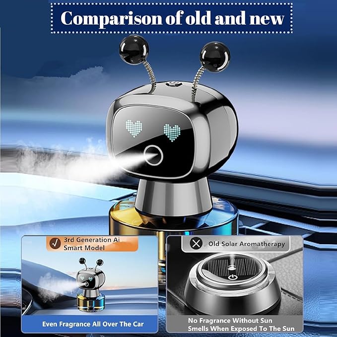 Robot Intelligent Aromatherapy Machine, Smart Cute Robot Car Air Freshener - Fine Spray/Fillable/Four-Gear Adjustment/Vibration Sensing/On-Off/Large Capacity Long-Lasting Fragrance/Black-V2(Cologne) - Bloomnest