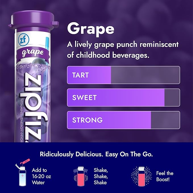 Zipfizz Daily Energy Drink Powder, Grape, 20 Pack | 3-in-1 Sustained Energy, Rapid Hydration, and Essential Vitamins | Sugar-Free | Electrolyte Powder | Contains Vitamin B-12 & Antioxidants - Bloomnest