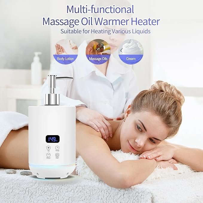 Yofuly Massage Oil Warmer Heater, Ambient Light Body Lotion Heated Machine with Two Dispenser Bottles, Professional Massage Therapy Kit with Gua Sha and Facial Roller, White - Bloomnest