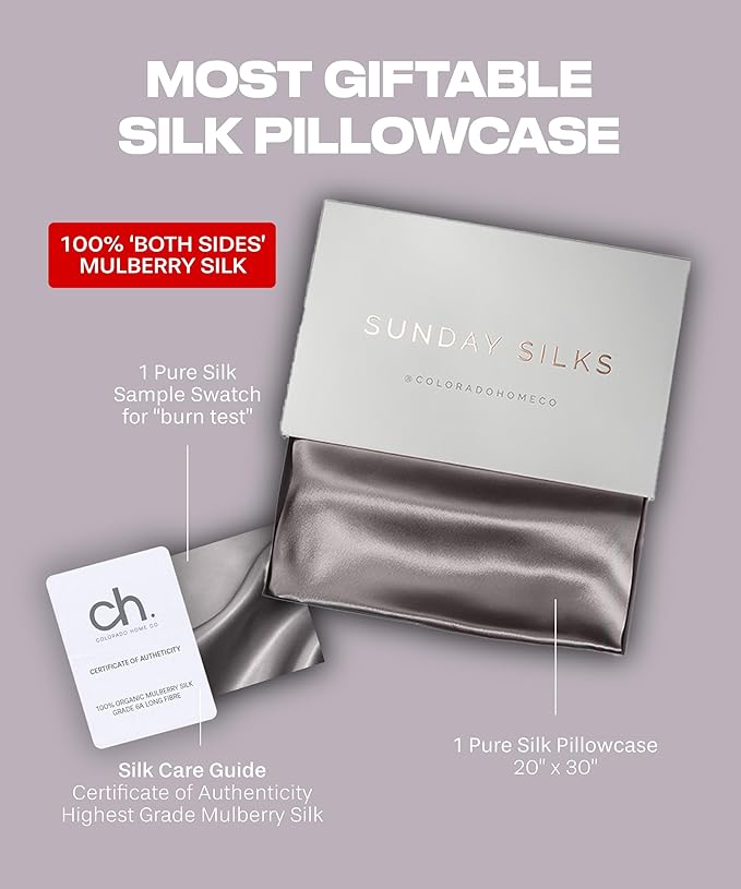 SUNDAYSILKS™ | Silk Pillow Cases | 100% Pure Silk Pillowcase | All Sides 22 Momme Highest Grade 6A Real Silk Pillowcase for Hair & Skin, Queen King Mulberry Silk Pillow Case, Zipper [Charcoal Essence] - Bloomnest