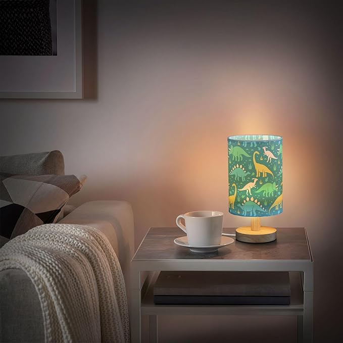 Table Lamp Cartoon Dinosaurs Grass Pattern Nightstand Lamp with Wood Base Fabric Lamp Shade Bedside Desk Lamp for Living Room Bedroom Kids Room Office - Bloomnest