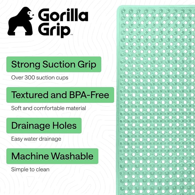 GORILLA GRIP Patented Bath Tub Shower Mat, Machine Washable Bathtub Floor Liner Mats, Suction Cups and Drain Holes to Keep Tubs Clean, Soft on Feet, Bathroom Essentials, 35x16 Inch, Clear Green - Bloomnest