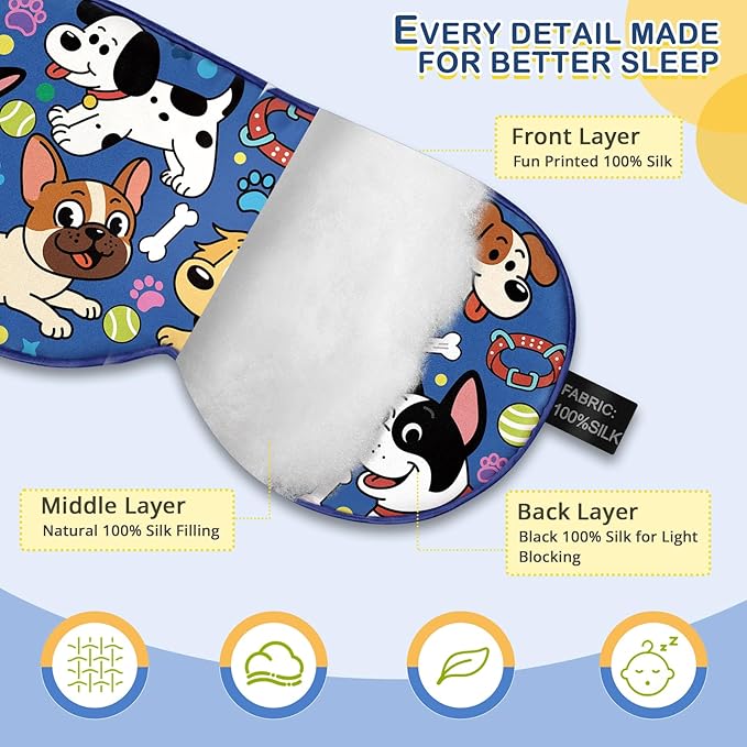 Kids Silk Sleep Mask: 100% Mulberry Silk Eye Mask with Adjustable Strap, Cute Sleeping Blindfold for Boys Girls Teens, Soft & Lightweight Eye Shade for Travel, Nap, Bedtime (Dogs Style) - Bloomnest