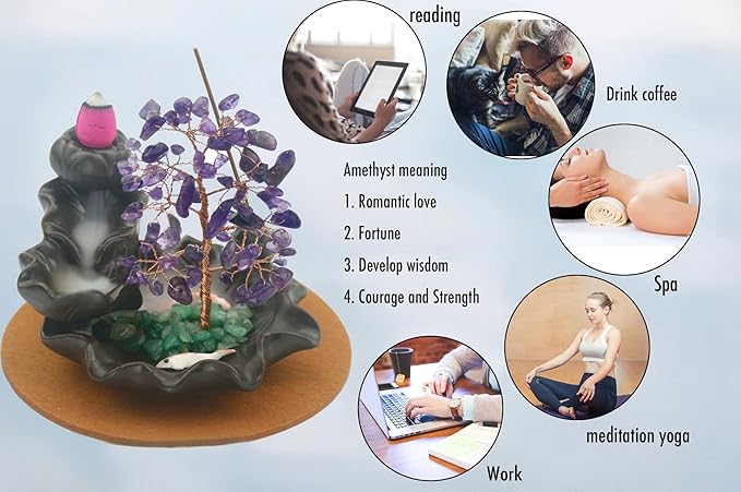 Ceramic Waterfall Incense Burner, Money Tree Backflow Holder Healing Crystal Stone, with 30 Cones + Stick for Yoga Meditation Home Zen Decoration(Amethyst) - Bloomnest