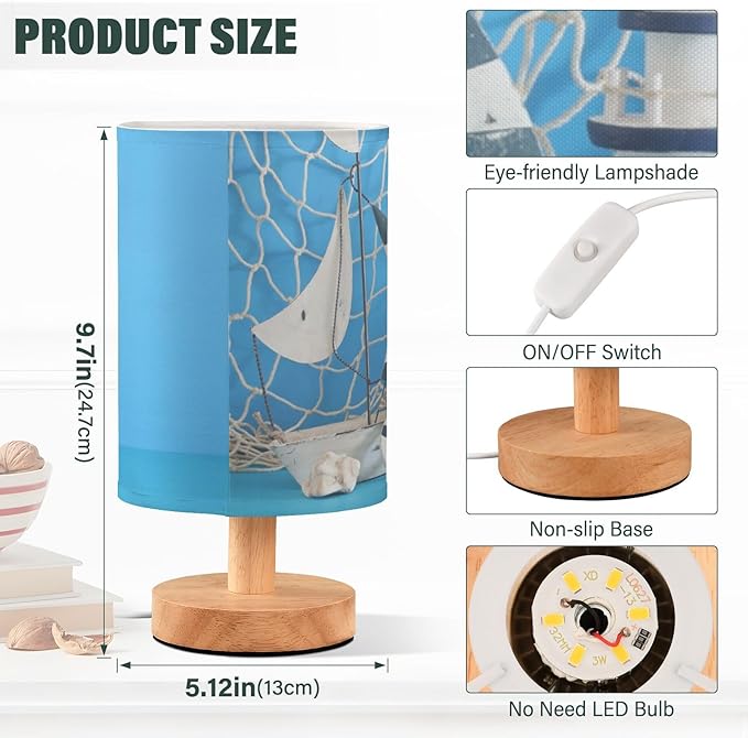 Table Lamp Nautical Sailboat Lighthouse Starfish Seashell Fishnet Blue Wood Nightstand Lamp with Wood Base Fabric Lamp Shade Bedside Desk Lamp for Living Room Bedroom Kids Room Office - Bloomnest