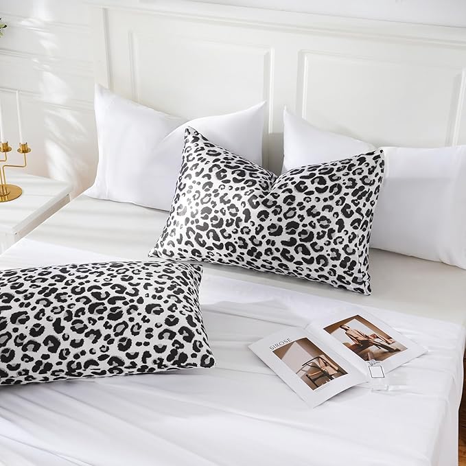MR&HM Satin Pillowcase for Hair and Skin, Silk Satin Pillowcase 2 Pack, Standard Size Pillow Cases Set of 2, Silky Pillow Cover with Envelope Closure (20x26, White Leopard) - Bloomnest