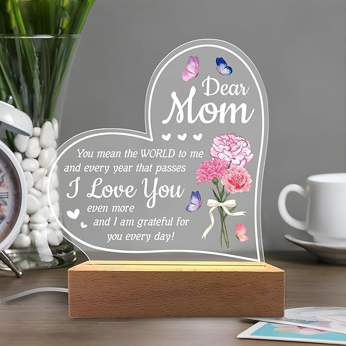 Carnation Heart Shape 3D Crystal Acrylic Light Base with Wood Stand, LED Light for Kids Room Decor, Gift for Mom on Birthday or Holiday, Home Décor Art Display - Bloomnest