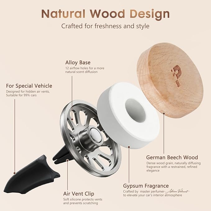 Wooden Car Air Freshener Vent Clip, Refillable Essential Oil Diffuser with Long-Lasting Natural Scent, European Beech Wood & Metal Auto Deodorizer, Includes 2 Clips + 4 Plaster Refill Pads - Bloomnest
