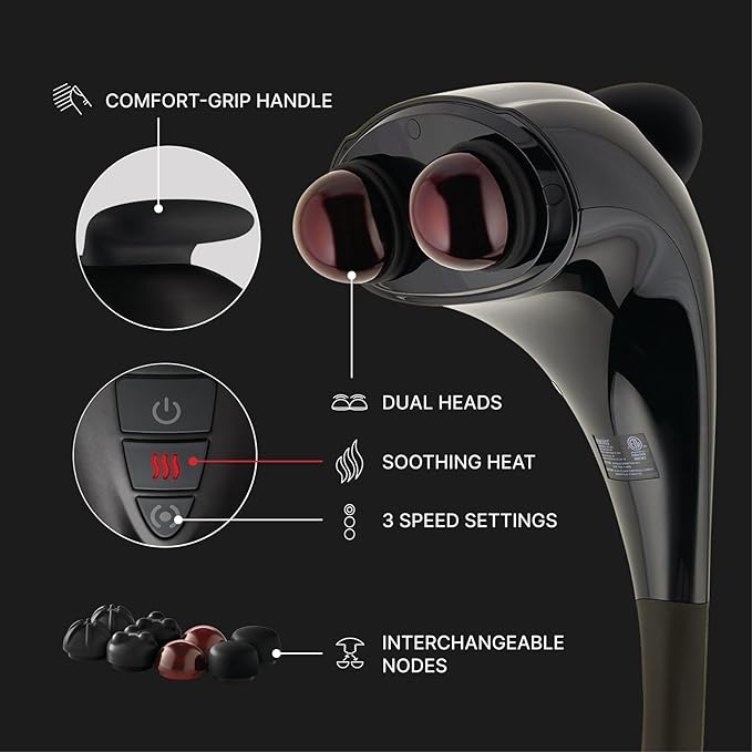 Homedics Handheld Back Massager, Dual Heated Nodes, Neck, and Body Percussion Massager with Interchangeable Nodes to Release Back, Neck, Shoulder Leg and Foot Tension - Bloomnest