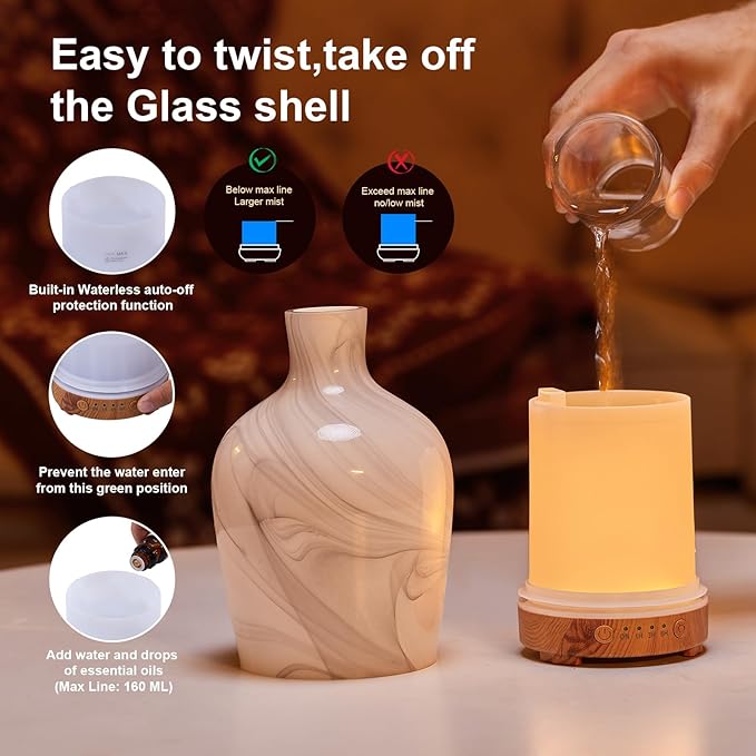 Classical Vase Art Glass Aromatherapy Diffuser 160ml ultrasonic Cool Mist Scent Aroma Essential Oil Diffu er Humidifier with Intermittent Mist & LED 7 Colorful Changing Night Light for Bedroom - Bloomnest