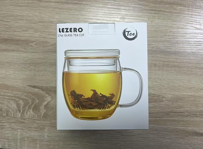 Lezero Glass Tea Cups with Infuser and Lid Kit, Heat Resistance Teacup with Filter for Brewing Blooming & Loose Leaf-Tea, Lead-free, Microwave & Dishwasher Safe, 17oz - Bloomnest