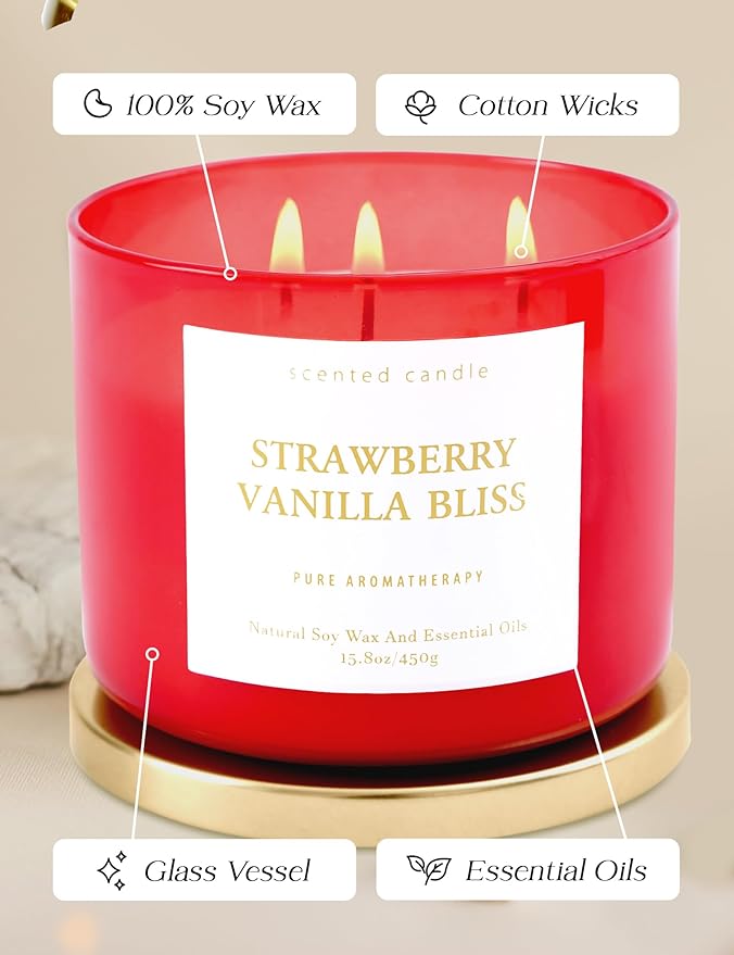 Strawberry Vanilla Aromatherapy Candle - Large 3 Wick Soy Scented Candle 15.8 oz - Relaxing Vanilla Candle for Home & Stress Relief - Long Lasting Natural Candles Gift for Women & Men - Clean Burning - Bloomnest