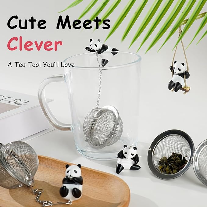 Calico Cat Tea Infuser Set - Adorable Tricolor Kitty Hook, Fine Mesh Loose Leaf Tea Steeper, Stainless Steel, No Mess, 1 Pack (Panda Lazily Lying on the Cup)