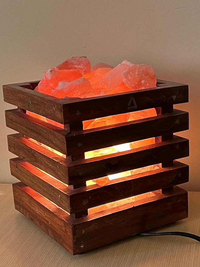 Himalayan Salt Lamp(Wooden Basket with Natural Chunks), Dimmable, Classic Design, Extra Bulb, Unique Gift Idea (EngravedBasket) - Bloomnest