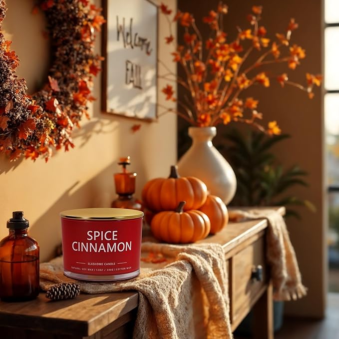 Cinnamon Spice Fall Candle, Large 3 Wick 12oz Luxury Candle, Elegant Autumn Gift for Women & Men, 60+ Hour Burn Time & Non-Toxic, Cozy Fall & Halloween Home Decor - Bloomnest